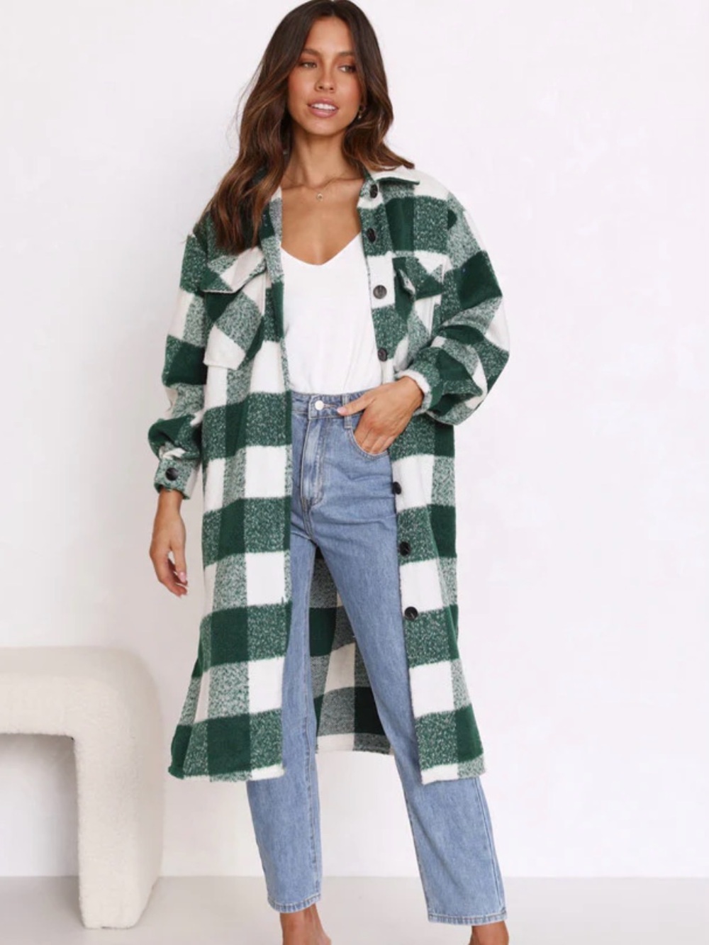 Zara Green and White Buffalo Check Long Shacket - Picture 3 of 14